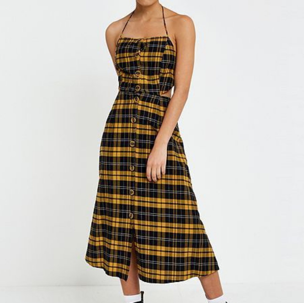 UO yellow plaid button down dress